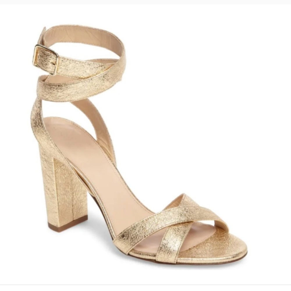 J. Crew Gold Metallic Block Heel Sandal with Ankle Strap
